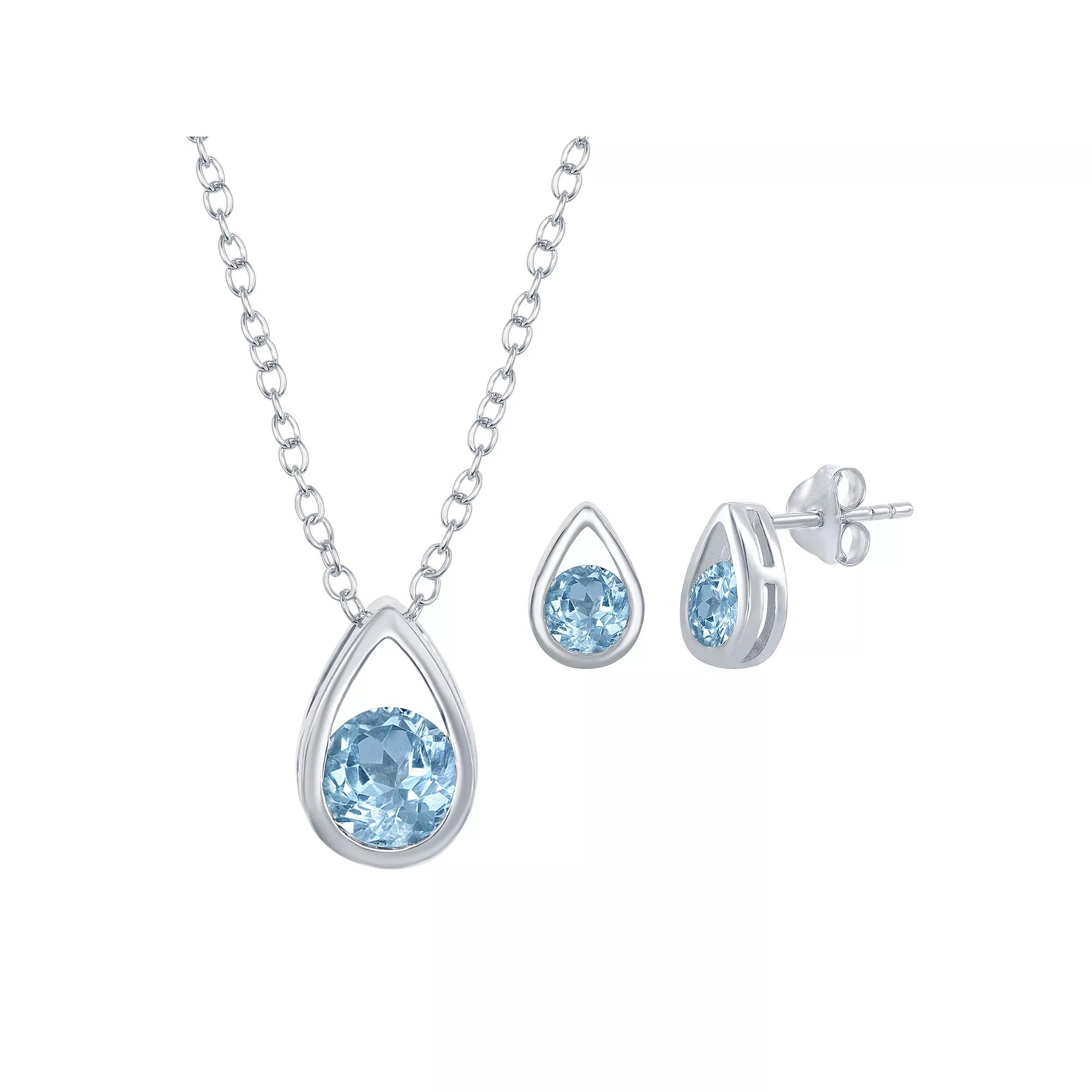 Sterling Silver Gemstone Teardrop Pendant & Stud Earring Set, Women's, Size: 16-18" ADJ, Blue Topaz Product Image