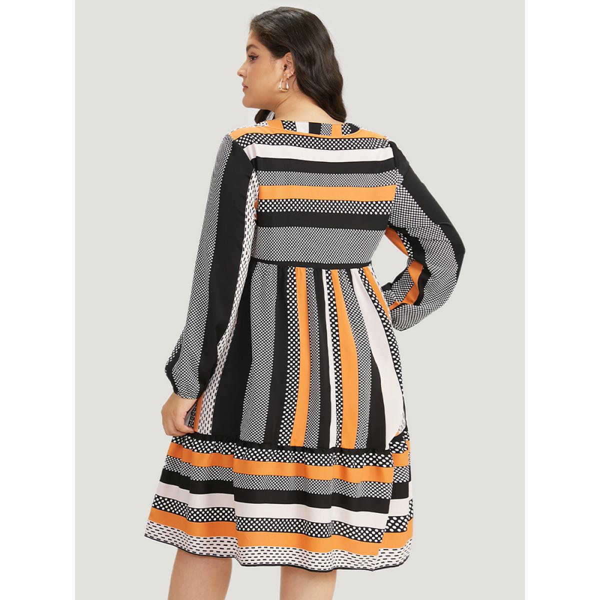 Plus Size Polka Dot & Striped Print Notched Pocket Dress Orange Women Office Elastic cuffs Notched collar Long Sleeve Curvy Midi Dress BloomChic 30/6X Product Image