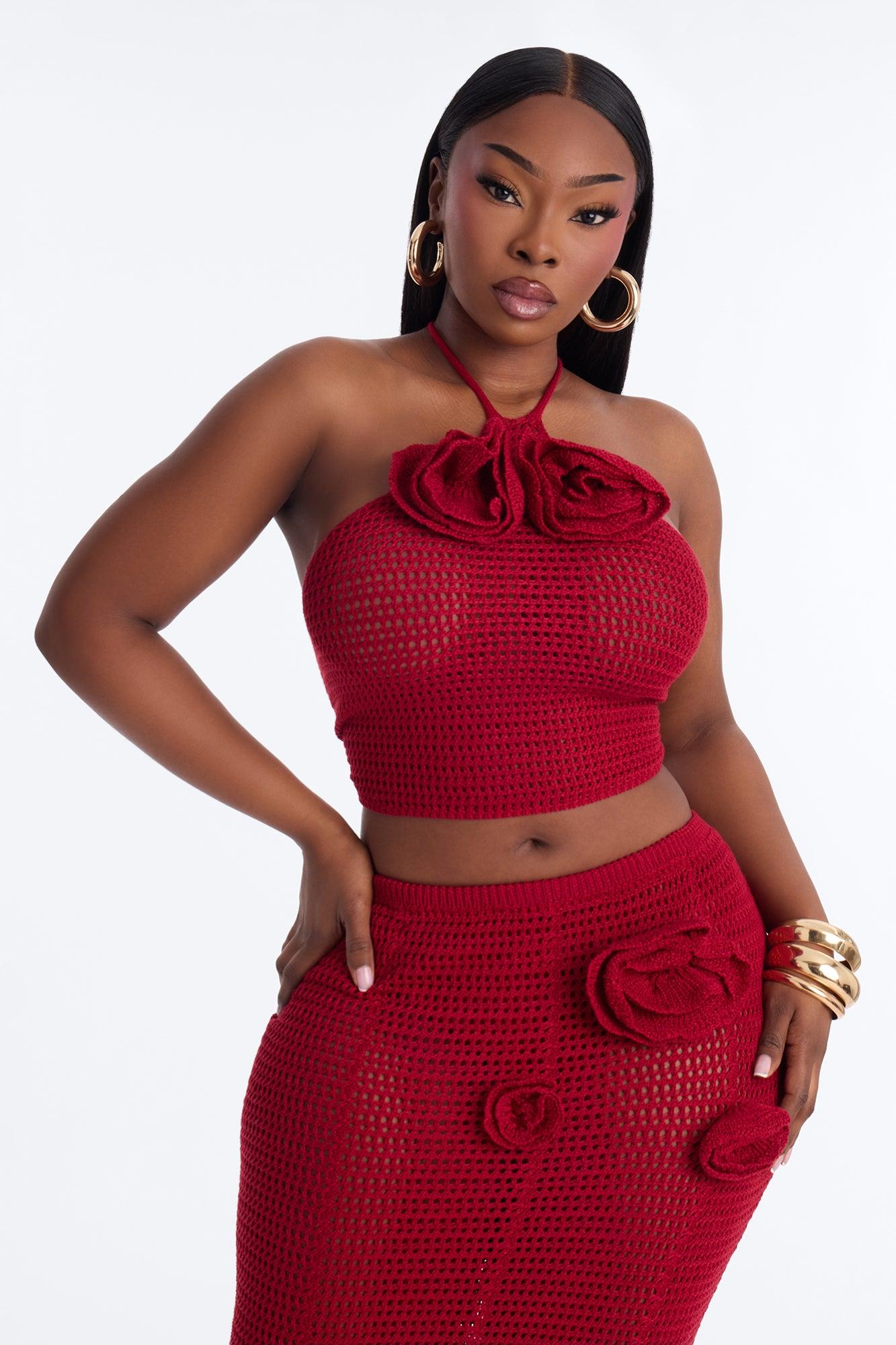 Sadie Floral Crochet Maxi Skirt Set - DarkRed Female Product Image