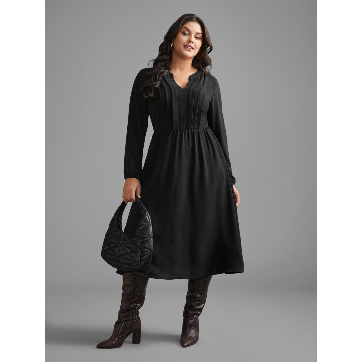 Plus Size Plain Notched Pleated Midi Dress Black Women At the Office Pleated Flat collar Long Sleeve Curvy BloomChic 14-16/1X Product Image