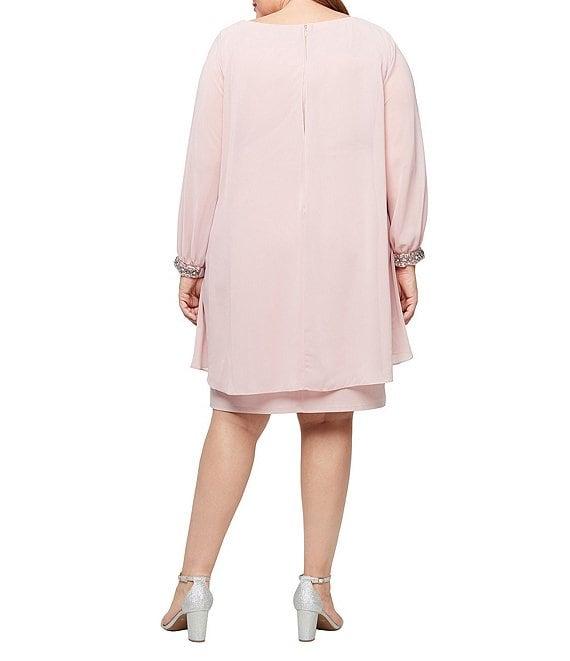 Ignite Evenings Plus Size Tulip Overlay Boat Neck 3/4 Split Sleeve Sheath Dress Product Image