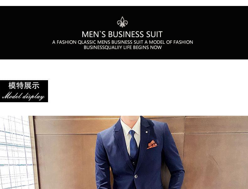 Set: Notch Lapel Single-Breasted Plain Blazer + Mid Rise Cropped Straight Leg Dress Pants + V-Neck Vest Product Image