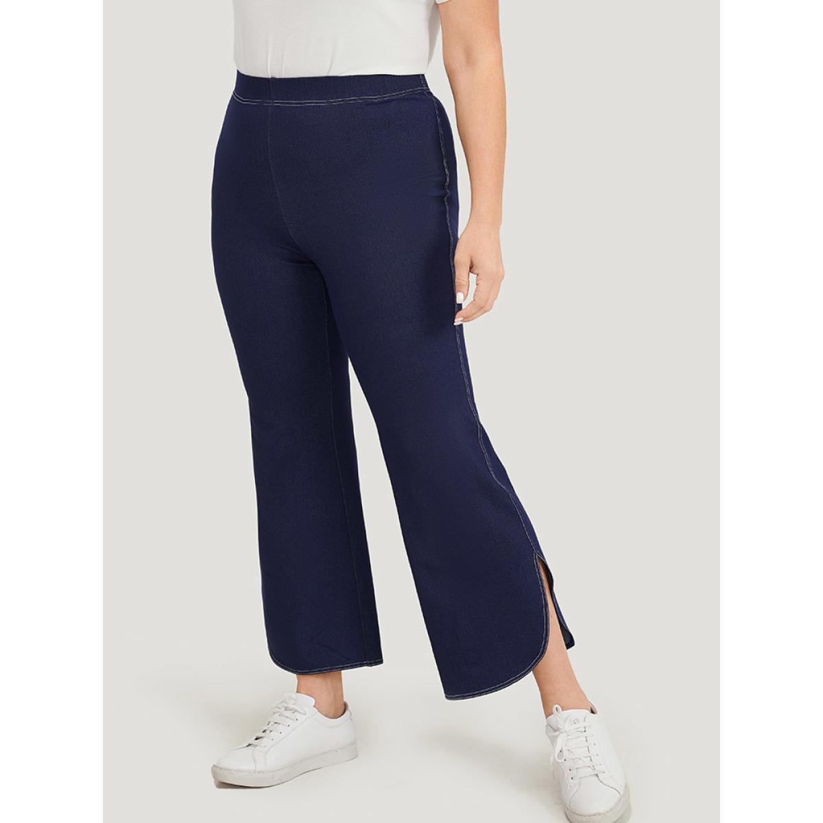 Plus Size Supersoft Essentials Contrast Stitch Curved Hem Very Stretchy Jeans Women DarkBlue Casual Plain Elastic Waist Medium stretch Jeans BloomChic 30/6X Product Image