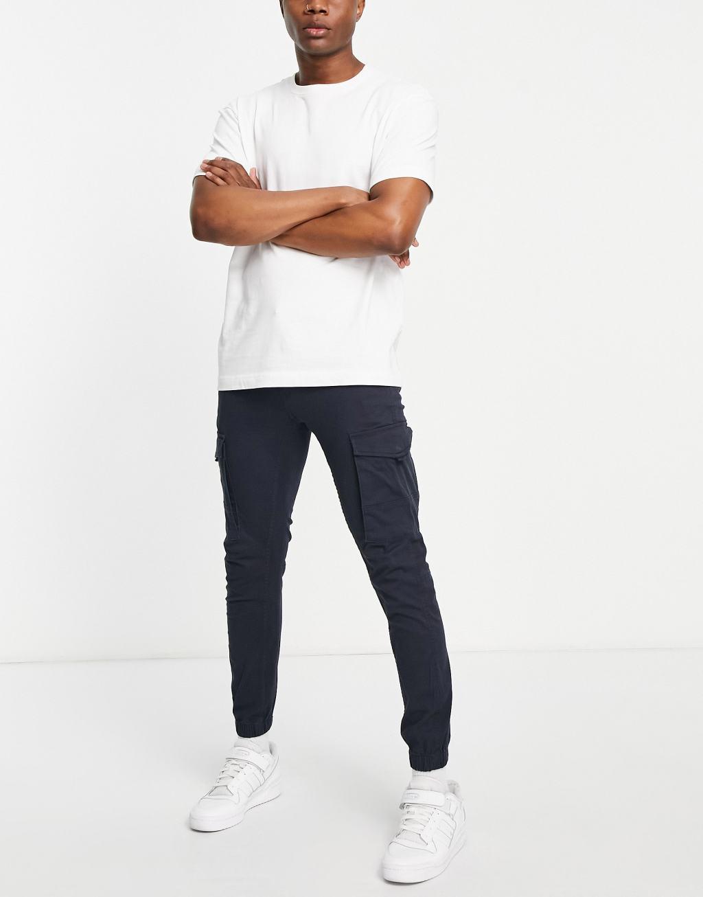 Jack & Jones Intelligence slim fit cargos with cuff in navy  Product Image
