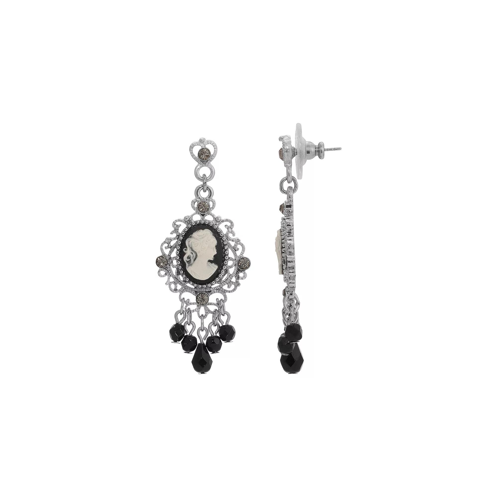 1928 Silver Tone Cameo Chandelier Drop Earrings, Womens, Black Product Image