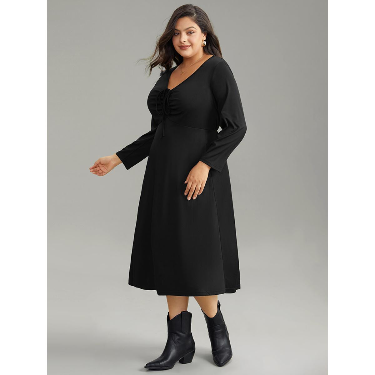 Plus Size Solid Ruched Pocket Elastic Waist Ties Dress Black Women Workwear Essentials Gathered Tie Neck Long Sleeve Curvy Midi Dress BloomChic 14-16/1X Product Image