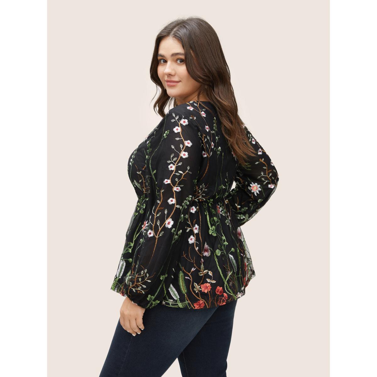 Plus Size Black Plants Embroidered Mesh Crochet Gathered Blouse Women Cocktail Long Sleeve Round Neck Party Blouses BloomChic 10/M Product Image