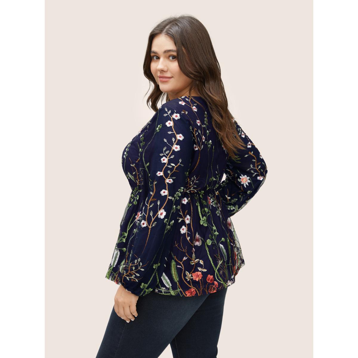 Plus Size Indigo Plants Embroidered Mesh Crochet Gathered Blouse Women Cocktail Long Sleeve Round Neck Party Blouses BloomChic 28/5X Product Image