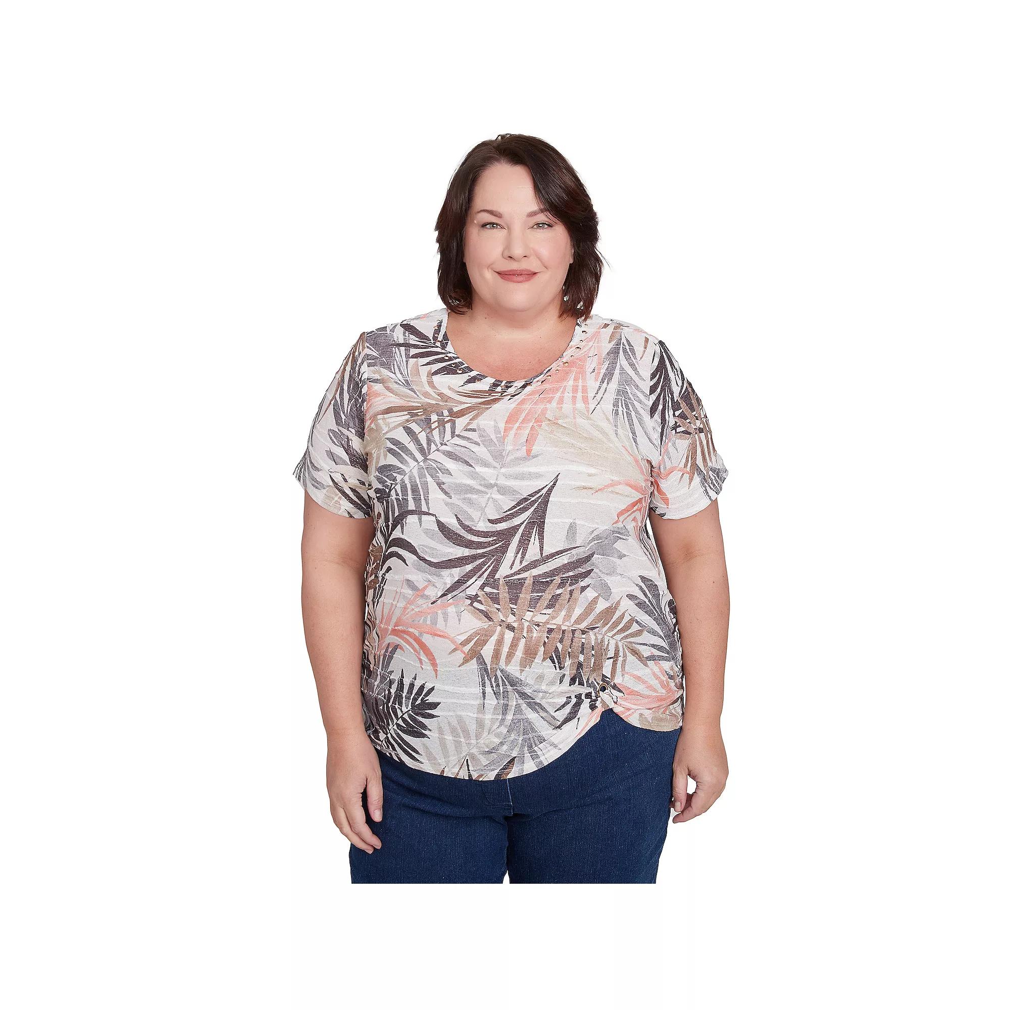Plus Size Alfred Dunner Warm Palm Tree Short Sleeve Top, Women's, Size: 2XL, Neutral Product Image
