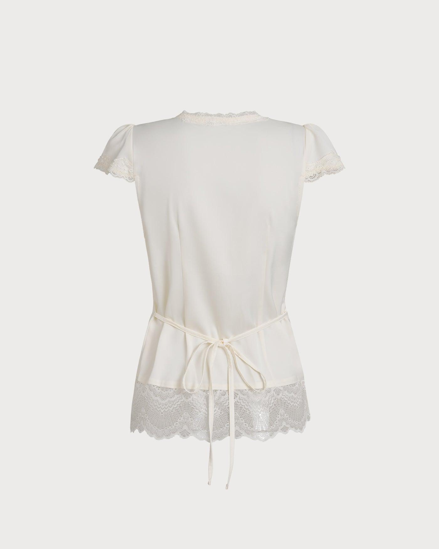 Apricot V Neck Lace Splicing Tee Product Image