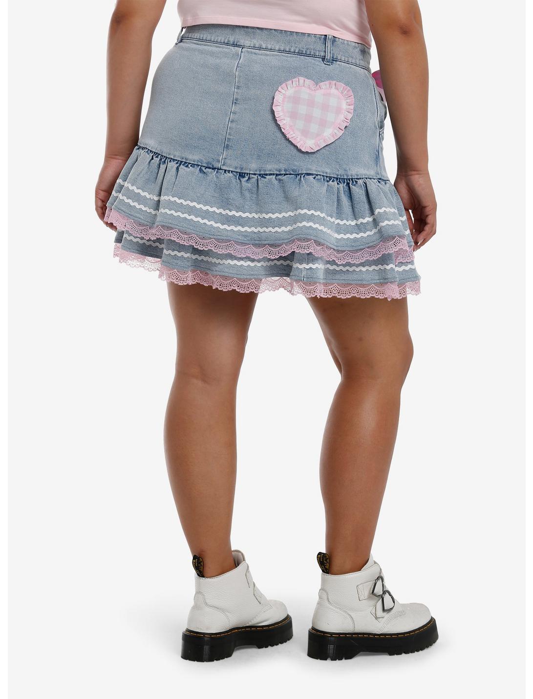 Sweet Society Light Blue Denim Pink Bow Ruffle Mini Skirt Plus Size Product Image