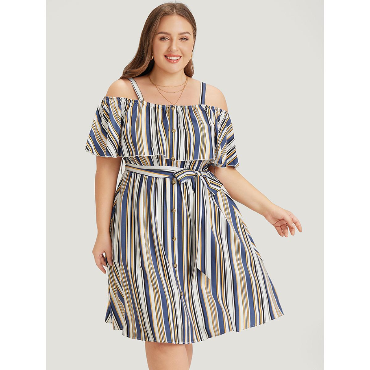 Plus Size Striped Cold Shoulder Belt Pocket Button Detail Dress Blue Women Vacation Adjustable Straps Spaghetti Strap Short sleeve Curvy Knee Dress BloomChic 18-20/2X Product Image
