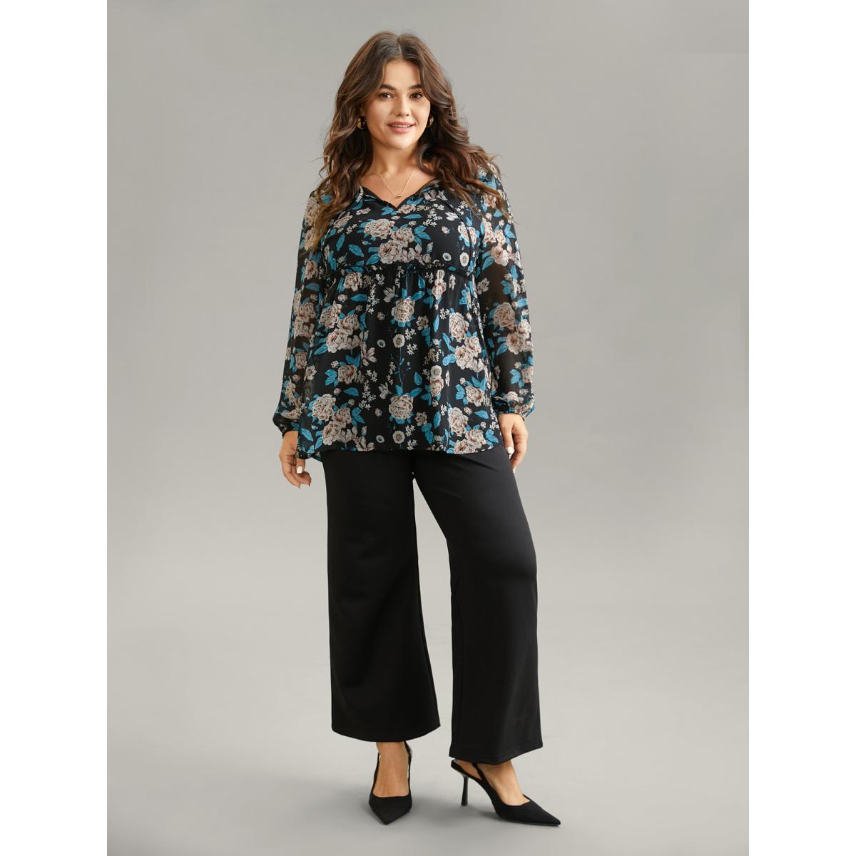 Plus Size BlackFlower Chiffon Floral Print Ties Flutter Trim Blouse Women Elegant Long Sleeve Tie Neck Work Blouses BloomChic 30/6X Product Image
