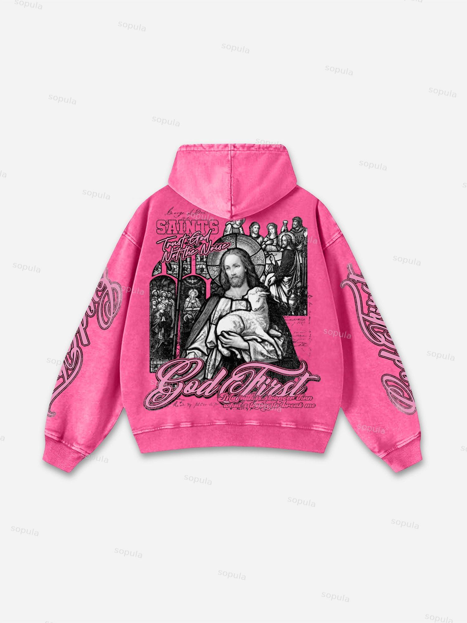 God First Jesus Window Flower Aged Vintage Graphic Acid Wash Hoodie Product Image