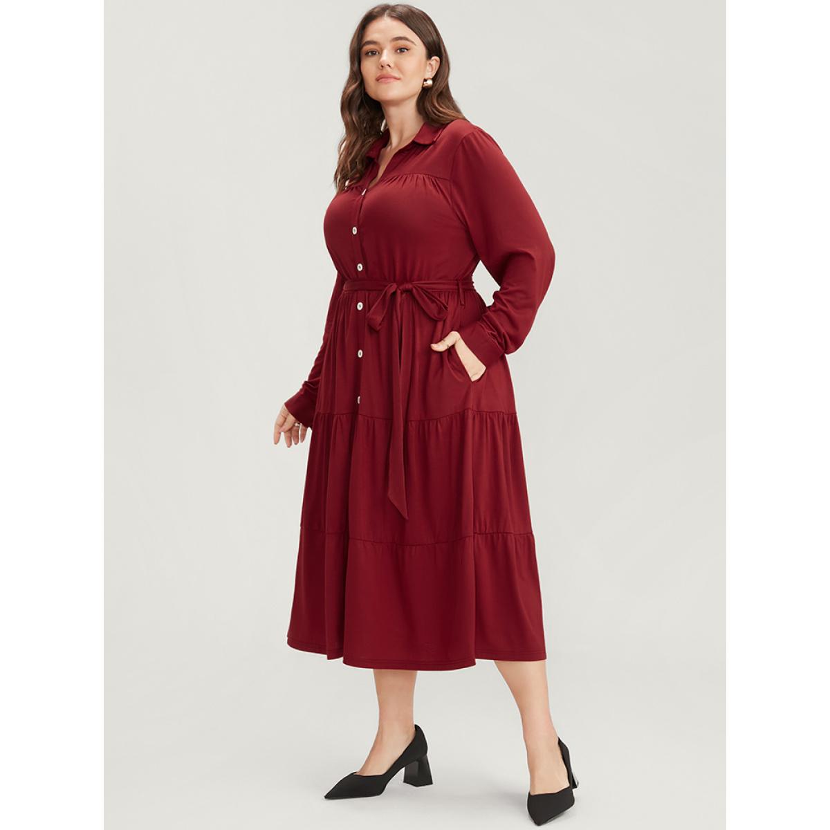 Plus Size Solid Pocket Button Up Belted Flutter Dress Scarlet Women Office Gathered Shirt collar Long Sleeve Curvy Midi Dress BloomChic 30/6X Product Image