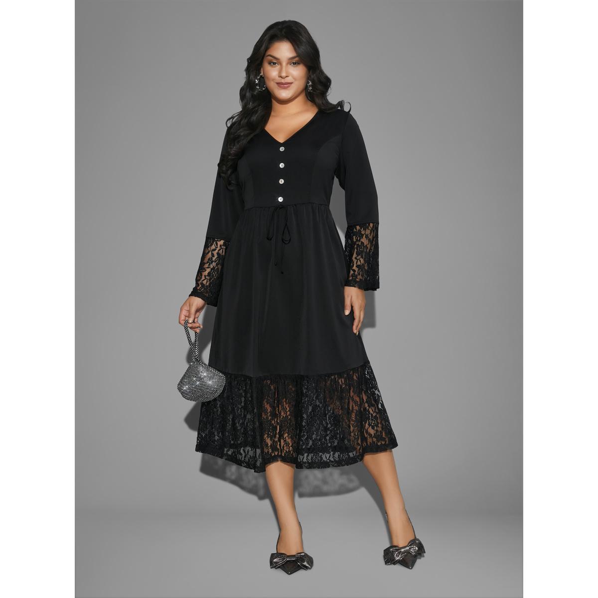Plus Size Lace Patchwork Button Detail Tie Knot Dress Black Women Cocktail Woven ribbon&lace trim Party Curvy Bloomchic 18-20/2X Product Image