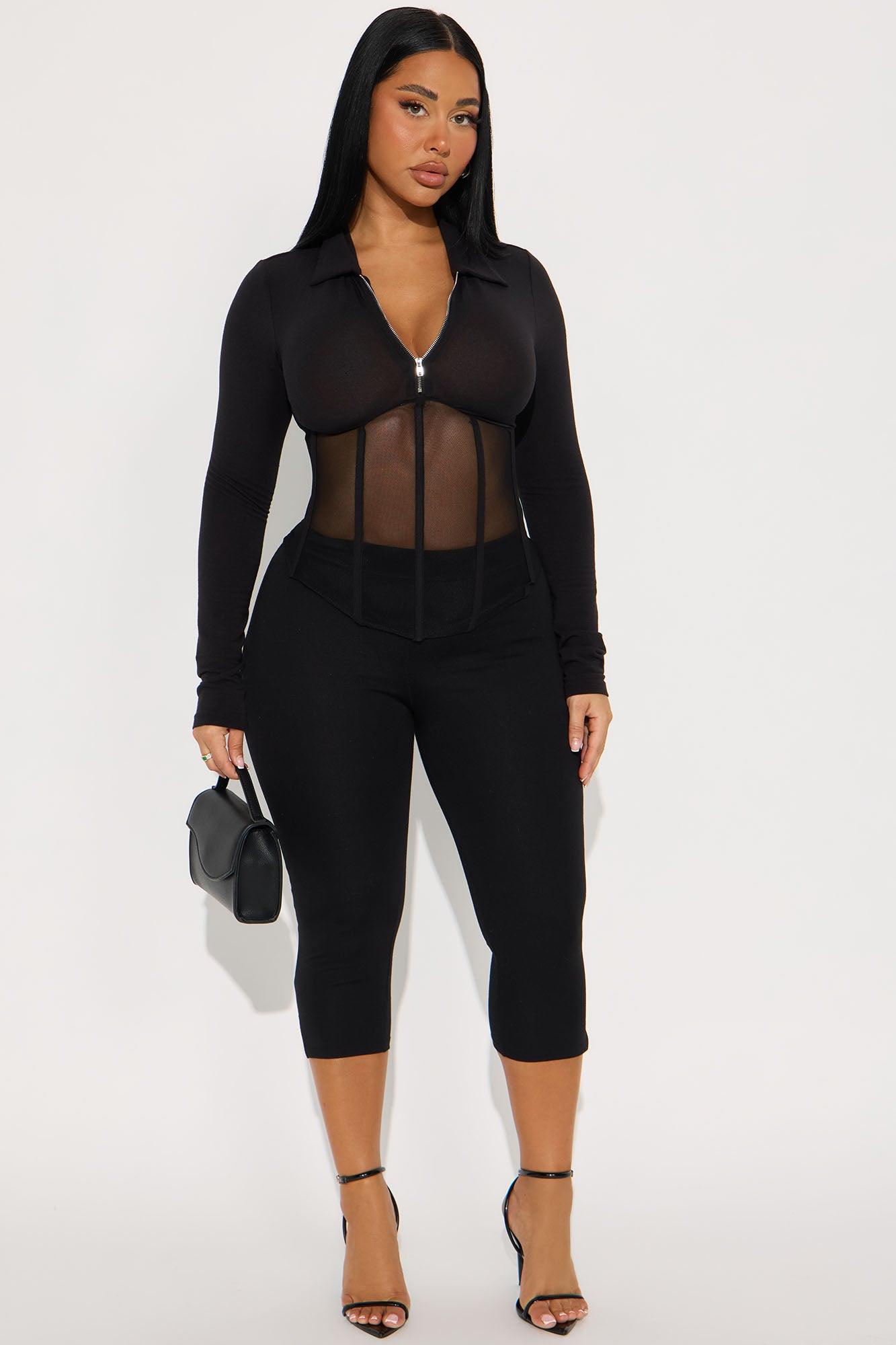 Nessie Long Sleeve Collared Corset Top - Black Female Product Image