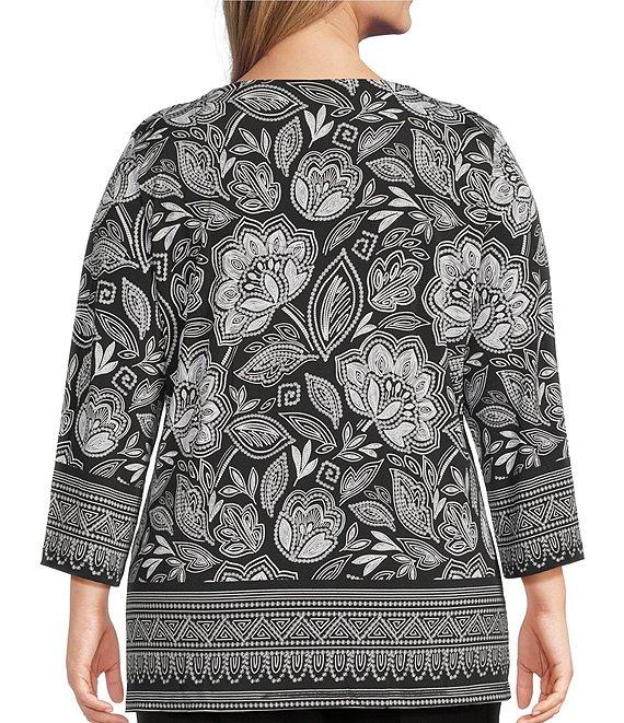 Allison Daley Plus Floral Beading 3/4 Sleeve V-Neck Knit Top Product Image