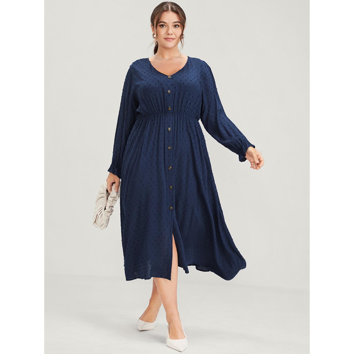 Plus Size Polka Dot Lantern Sleeve Pocket Button Front Midi Dress Navy Women Casual Button V-neck Long Sleeve Curvy Midi Dress BloomChic 26/4X Product Image