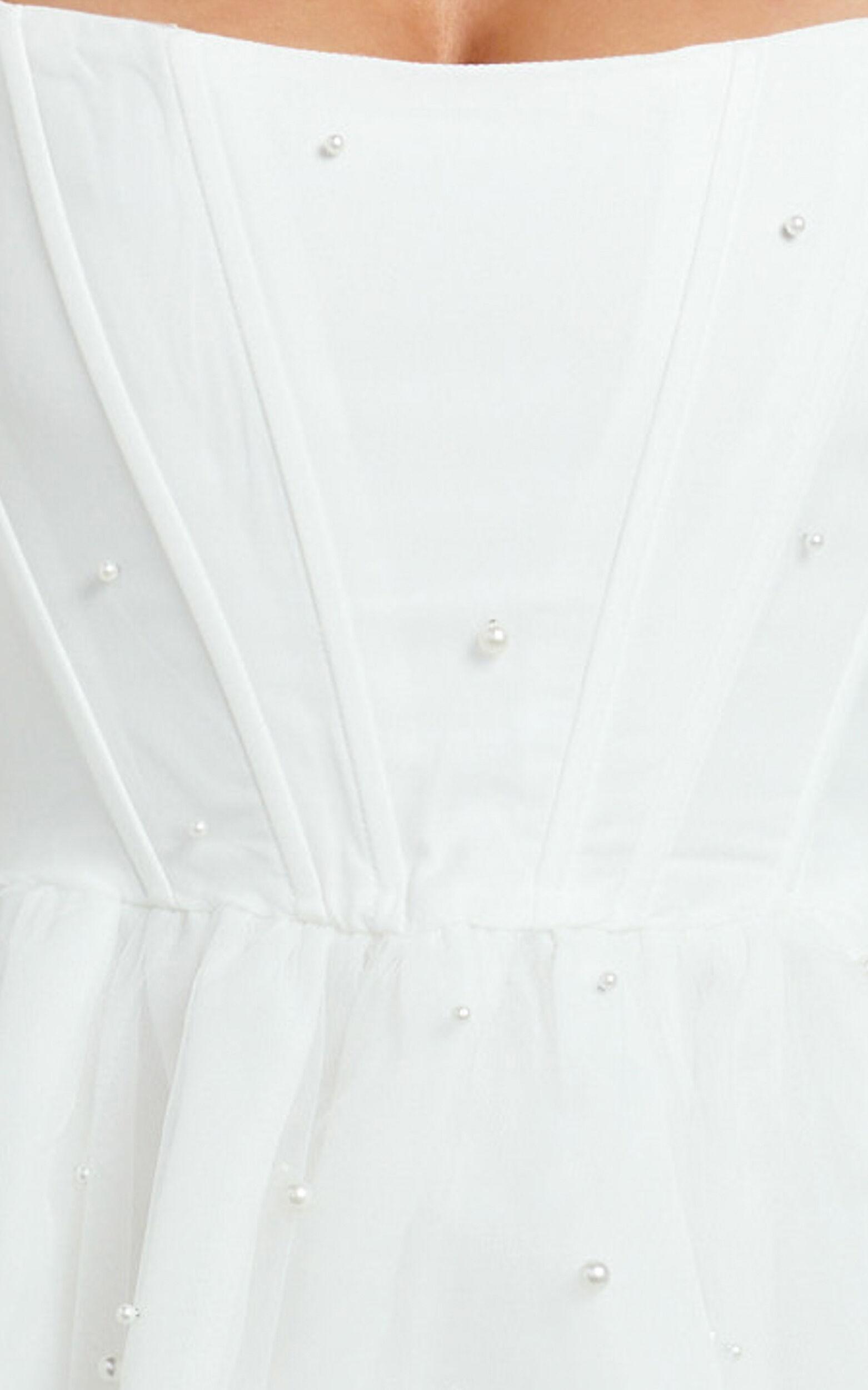 Ingrid Mini Dress - Long Puff Sleeve Pearl Detail Dress in White Product Image