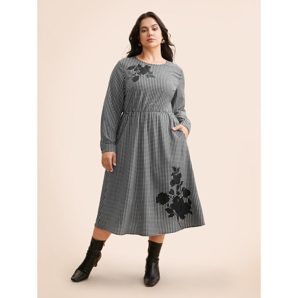 Plus Size Gingham Silhouette Floral Print Midi Dress Black Women Elegant Non Round Neck Long Sleeve Curvy BloomChic 12/L Product Image