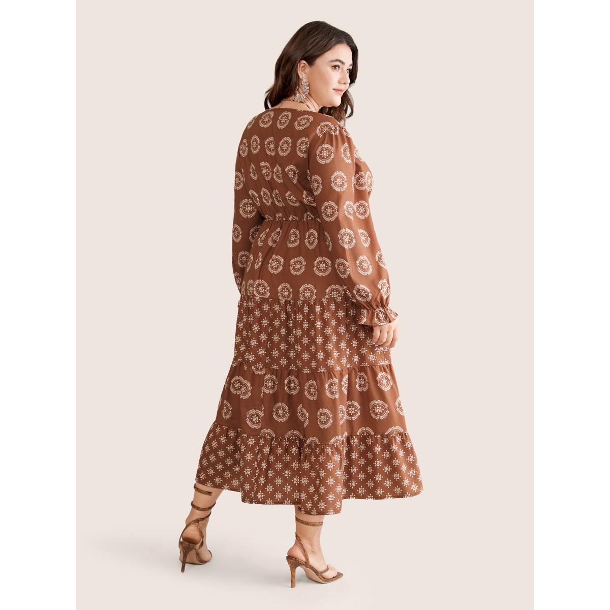 Plus Size Geometric Wrap Ruffle Layered Hem Dress Chocolate Women Vacation Wrap Overlap Collar Long Sleeve Curvy Midi Dress BloomChic 18-20/2X Product Image