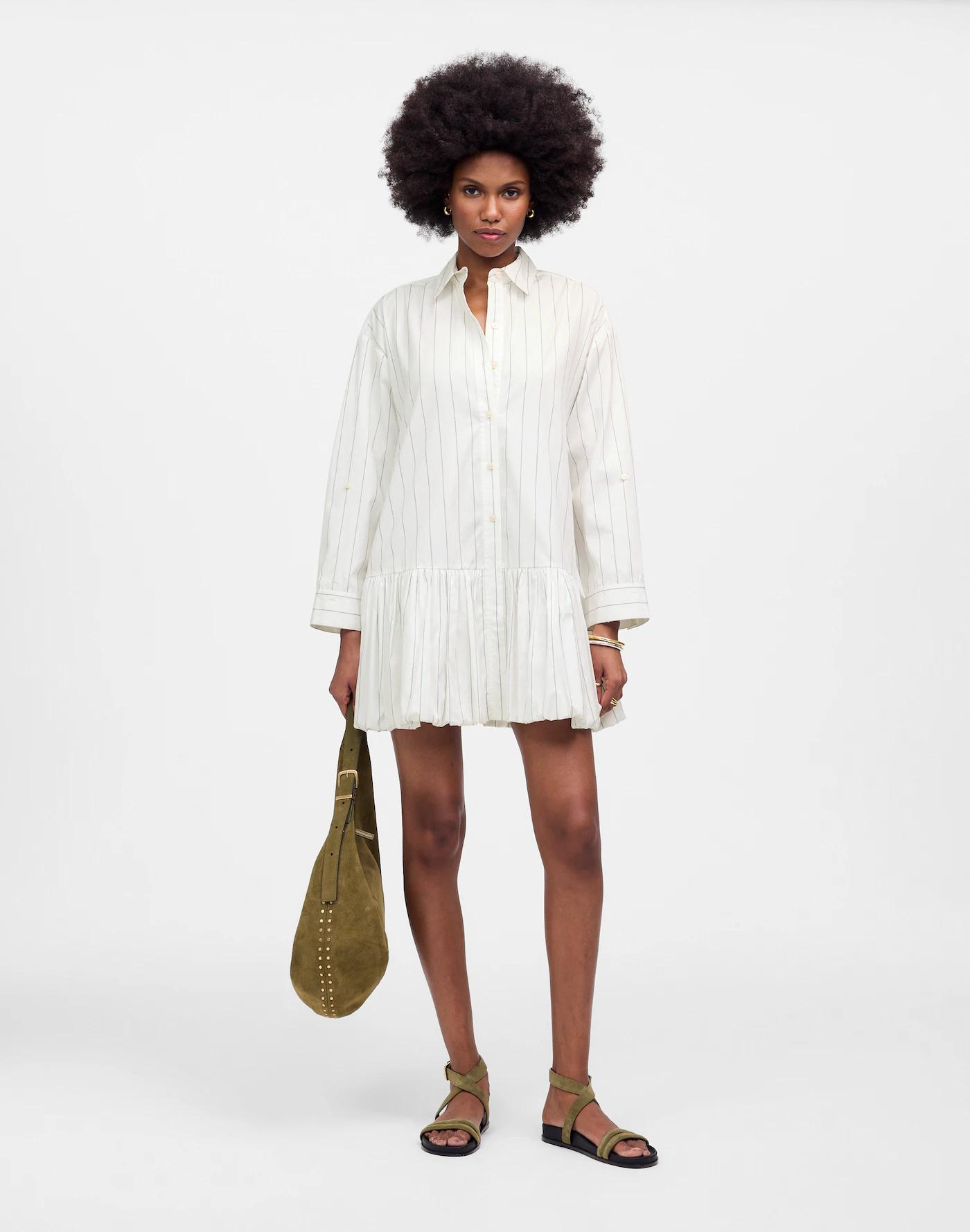 Bubble-Hem Mini Shirtdress in Pinstripe Poplin Product Image