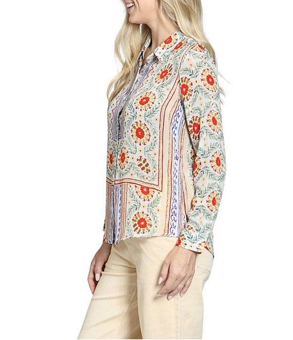 APNY Woven Printed Spread Collar Long Sleeve Blouse Product Image