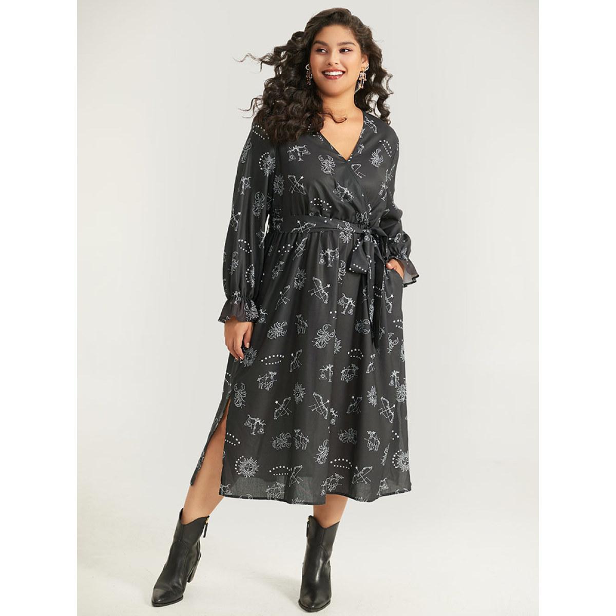 Plus Size Halloween Print Belted Pocket Wrap Split Hem Dress Black Women Elegant Elastic cuffs V-neck Long Sleeve Curvy Midi Dress BloomChic 10/M Product Image