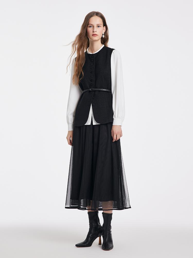 Shirt And Vest And Tulle Skirt With Belt Three-Piece Set Product Image
