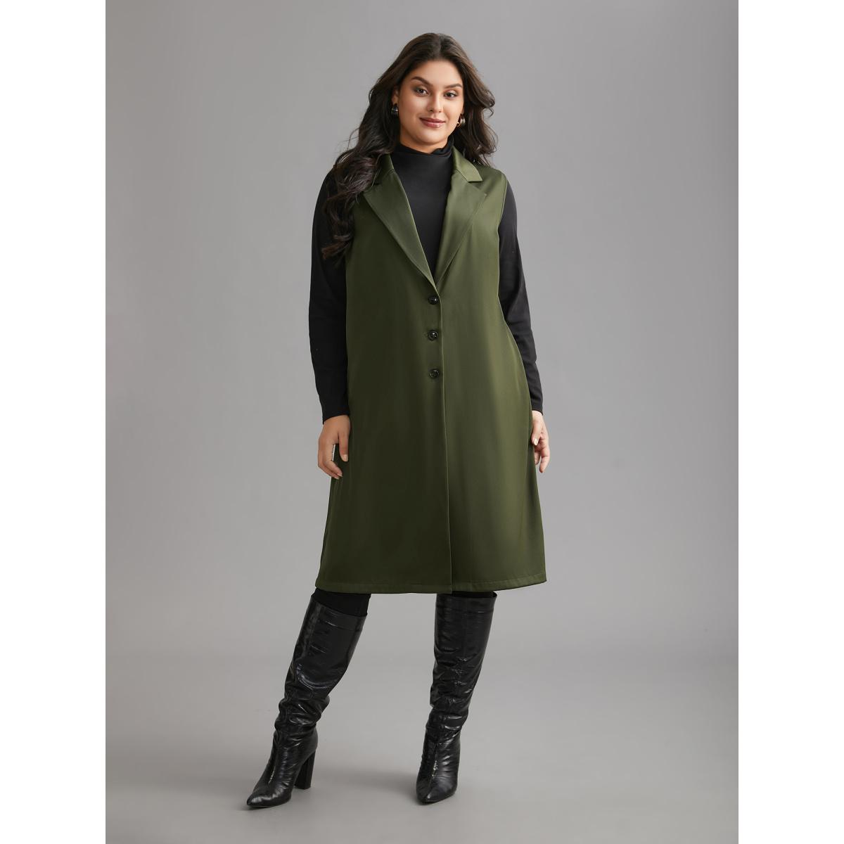 Plus Size Solid Lapel Collar Pockets Coat Women ArmyGreen Elegant Button Loose Ladies Everyday Winter Coats BloomChic 22-24/3X Product Image