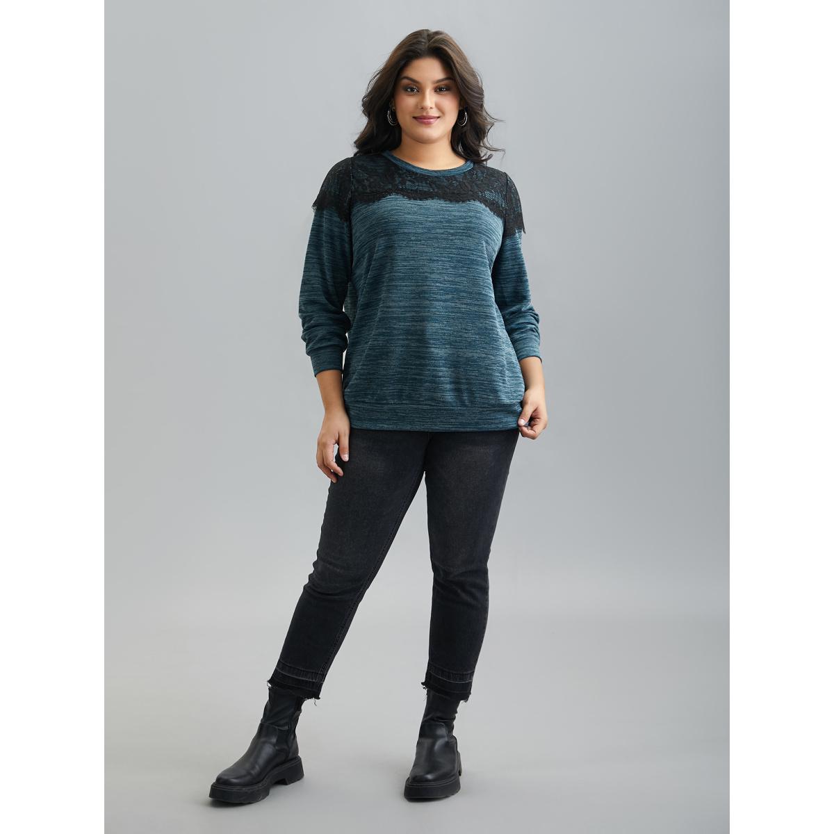 Plus Size Lace Patchwork Color Contrast Sweatshirt Women Cyan Casual Woven ribbon&lace trim Round Neck Everyday Sweatshirts BloomChic 10/M Product Image