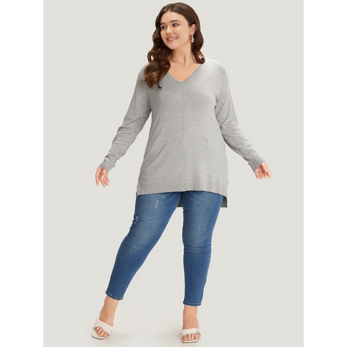 Plus Size Supersoft Essentials Plain Patchwork Split Side Pullover LightGray Women Casual Loose Long Sleeve V-neck Everyday Pullovers BloomChic 18-20/2X Product Image