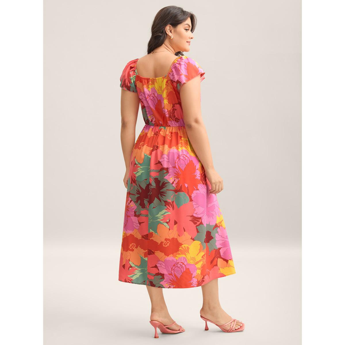 Plus Size Colorful Large Flower Print Pockets Midi Dress Multicolor Women Heart neckline Cap Sleeve Curvy BloomChic 30/6X Product Image