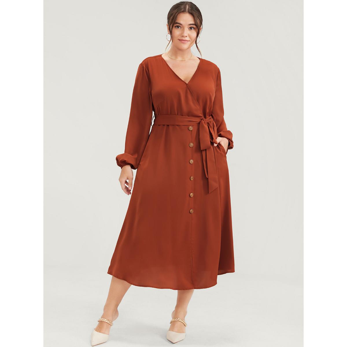 Plus Size Plain Lantern Sleeve Pocket Button Belted Split Front Wrap Dress Chocolate Women Office Button V-neck Long Sleeve Curvy Midi Dress BloomChic 26/4X Product Image