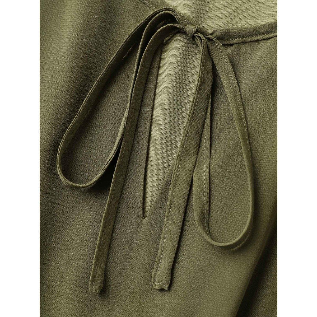 Plus Size Pleated Neck-Tie Tiered Solid Midi Dress ArmyGreen Women Flat collar with V-notch Long Sleeve Curvy BloomChic 18-20/2X Product Image