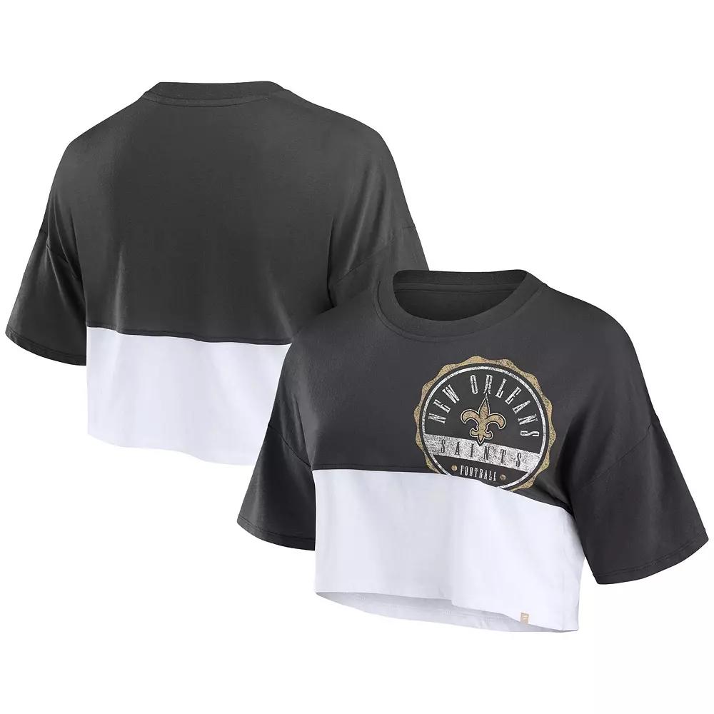 Women's Fanatics Black/White New Orleans Saints Boxy Color Split Cropped T-Shirt,  Product Image