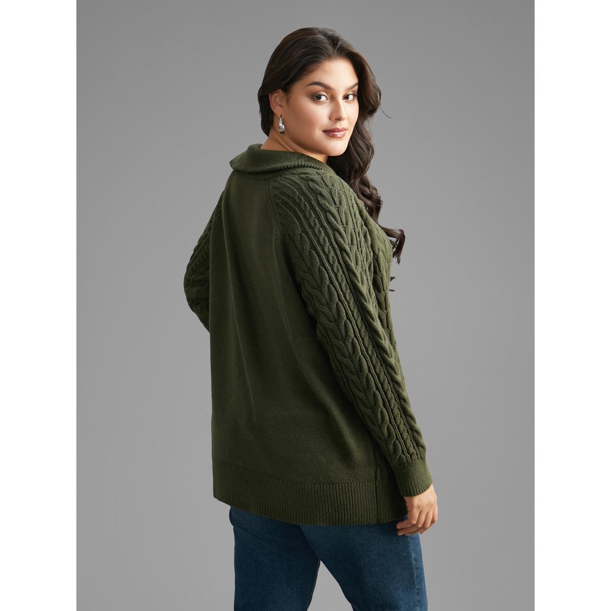 Plus Size Asymmetrical Neck Cable Knit Zipper Pullover ArmyGreen Women Leisure Loose Long Sleeve Asymmetrical Neck Casual Pullovers BloomChic 22-24/3X Product Image