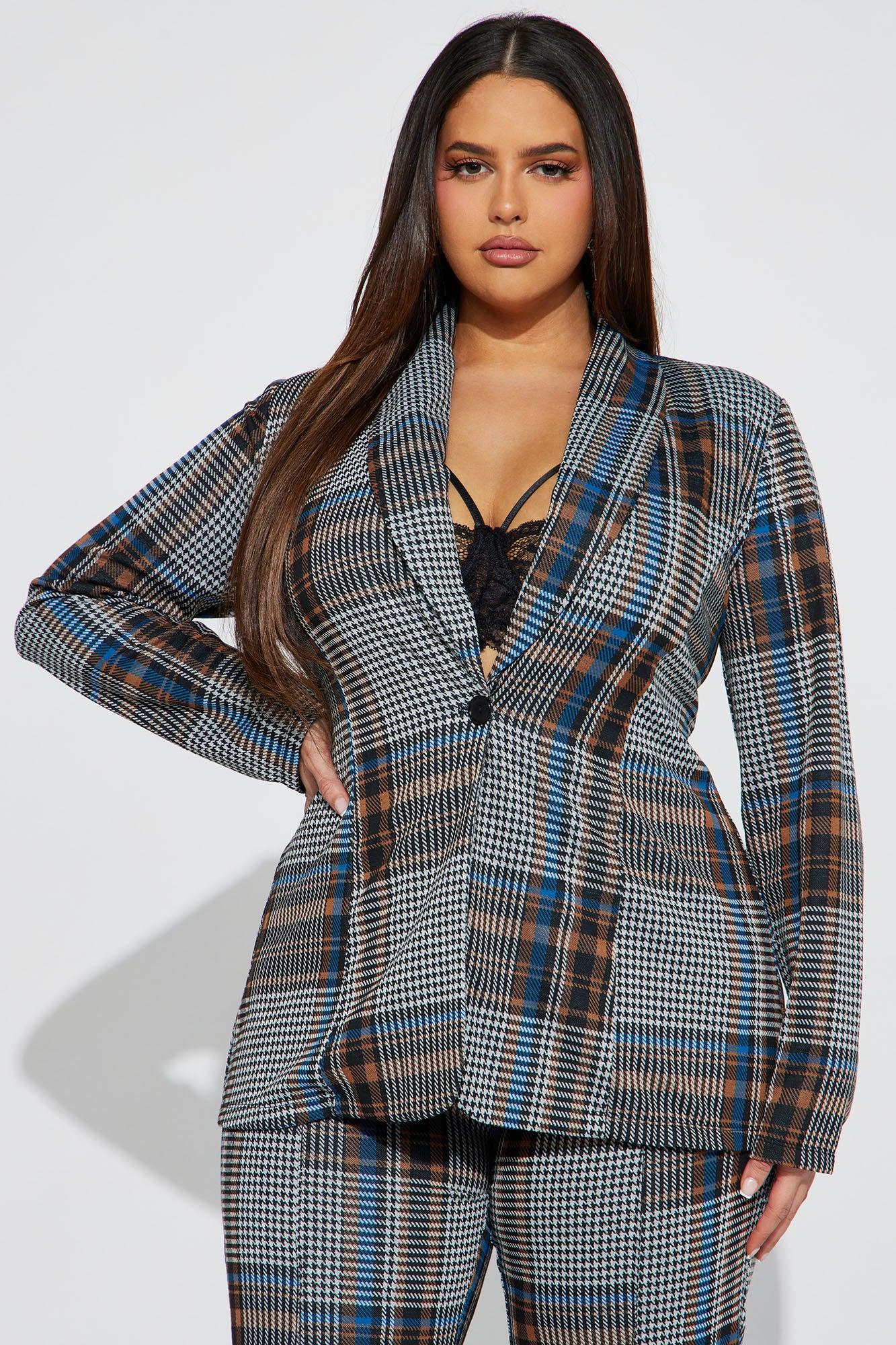 Business Time Plaid Blazer Pant Set - Blue/combo Product Image