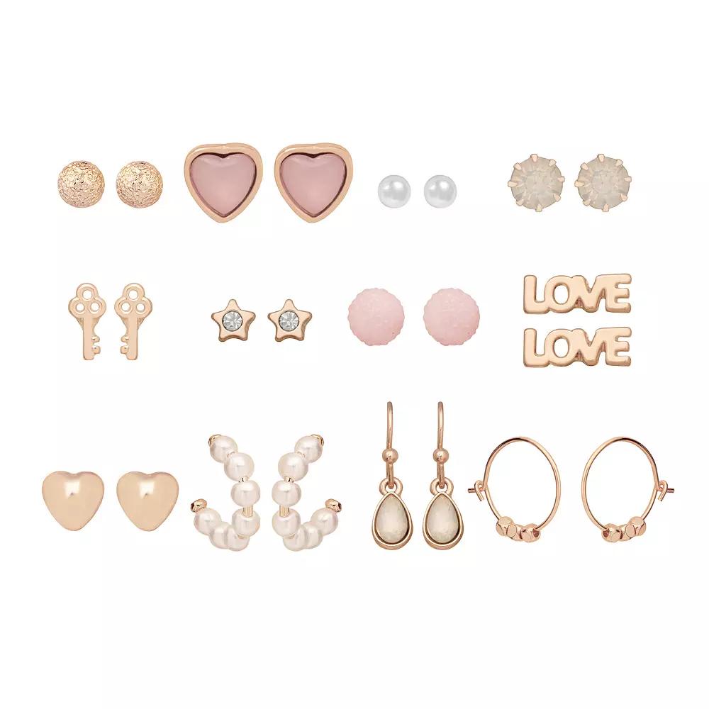 LC Lauren Conrad Rose Gold Tone Crystal & Simulated Pearl Love Earrings 12-pack Set, Women's, Pink Product Image