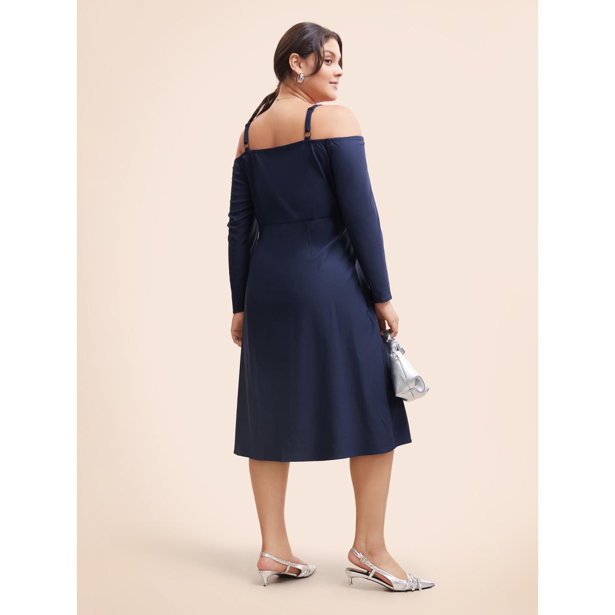 Plus Size Stretch Woven One-Shoulder Midi Dress DarkBlue Women At the Office Button One-shoulder neck Long Sleeve Curvy BloomChic 28/5X Product Image