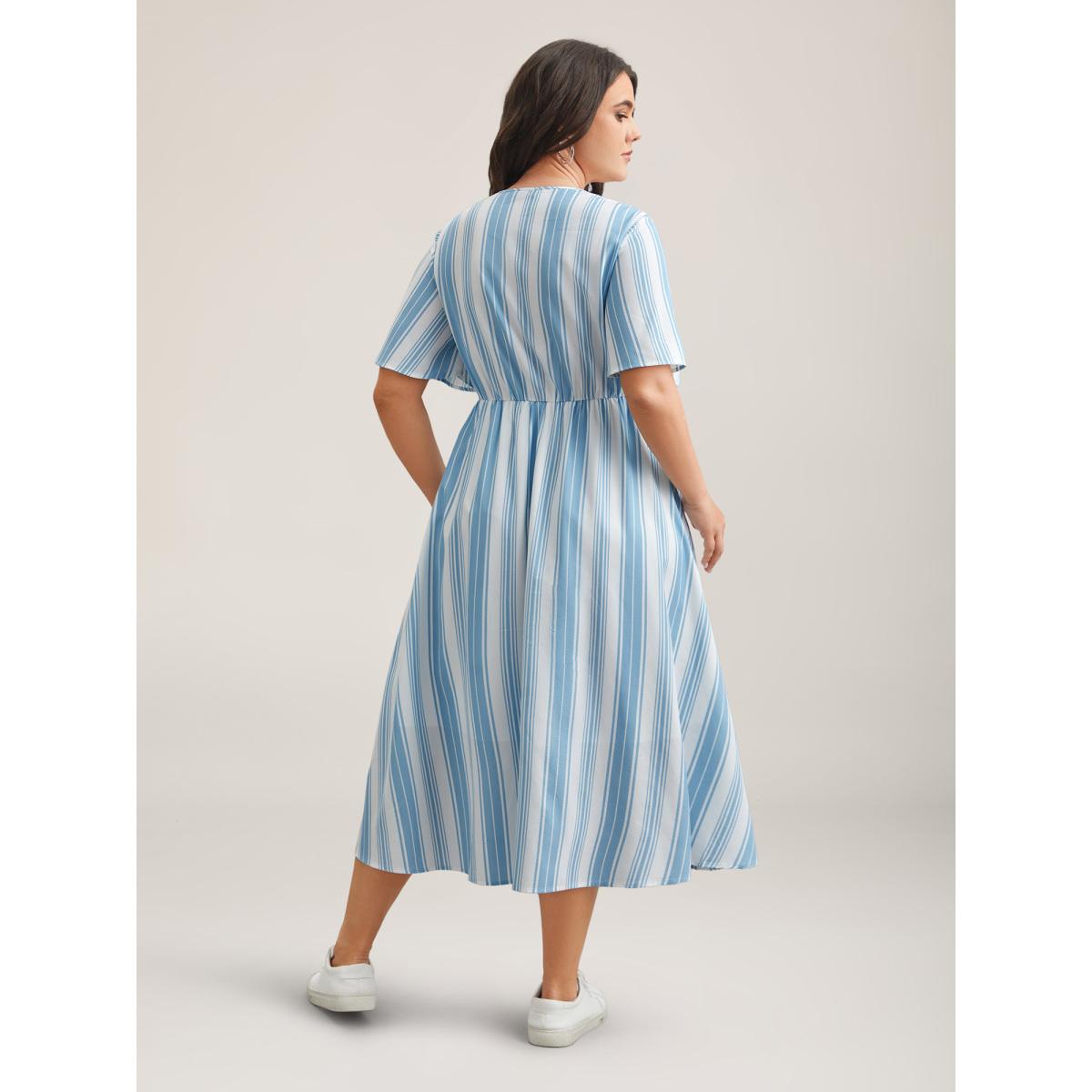 Plus Size Nautical Stripes Neck Tie Midi Dress Cerulean Women Casual Wraparound straps V-neck Half Sleeve Curvy BloomChic 14-16/1X Product Image
