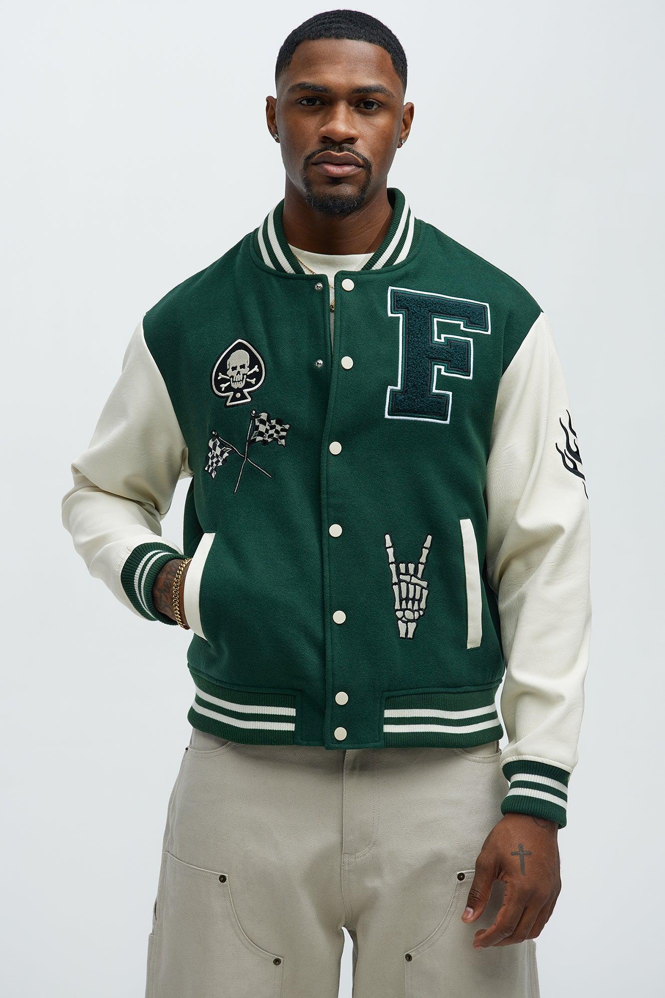 Biker Faux Leather Varsity Jacket - Green/combo Product Image