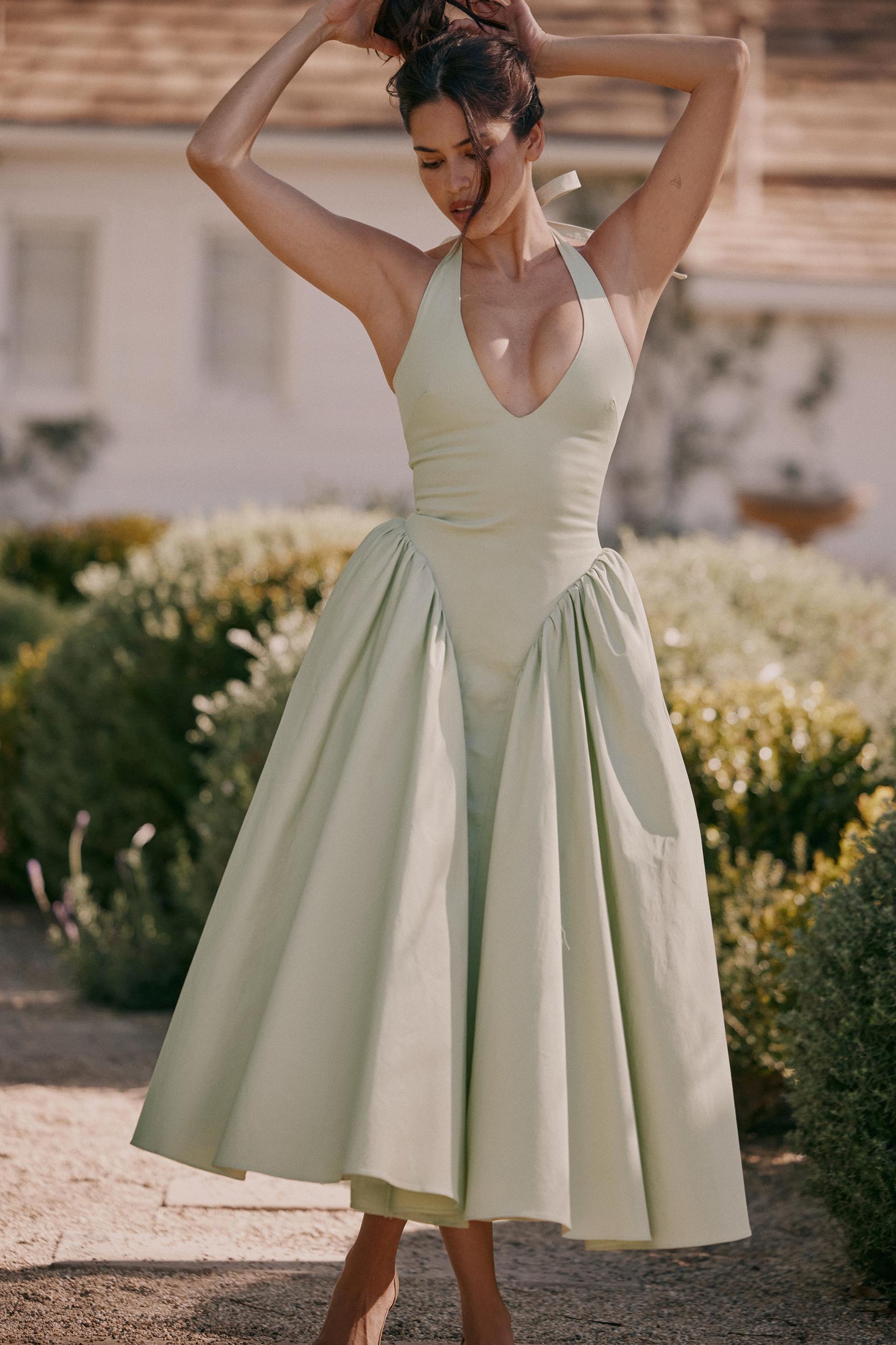 Marilyn  pistachio cotton halter midi sundress Product Image