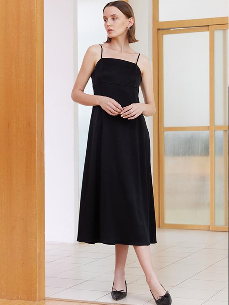 Black Triacetate Spaghetti Strap Midi Dress Product Image