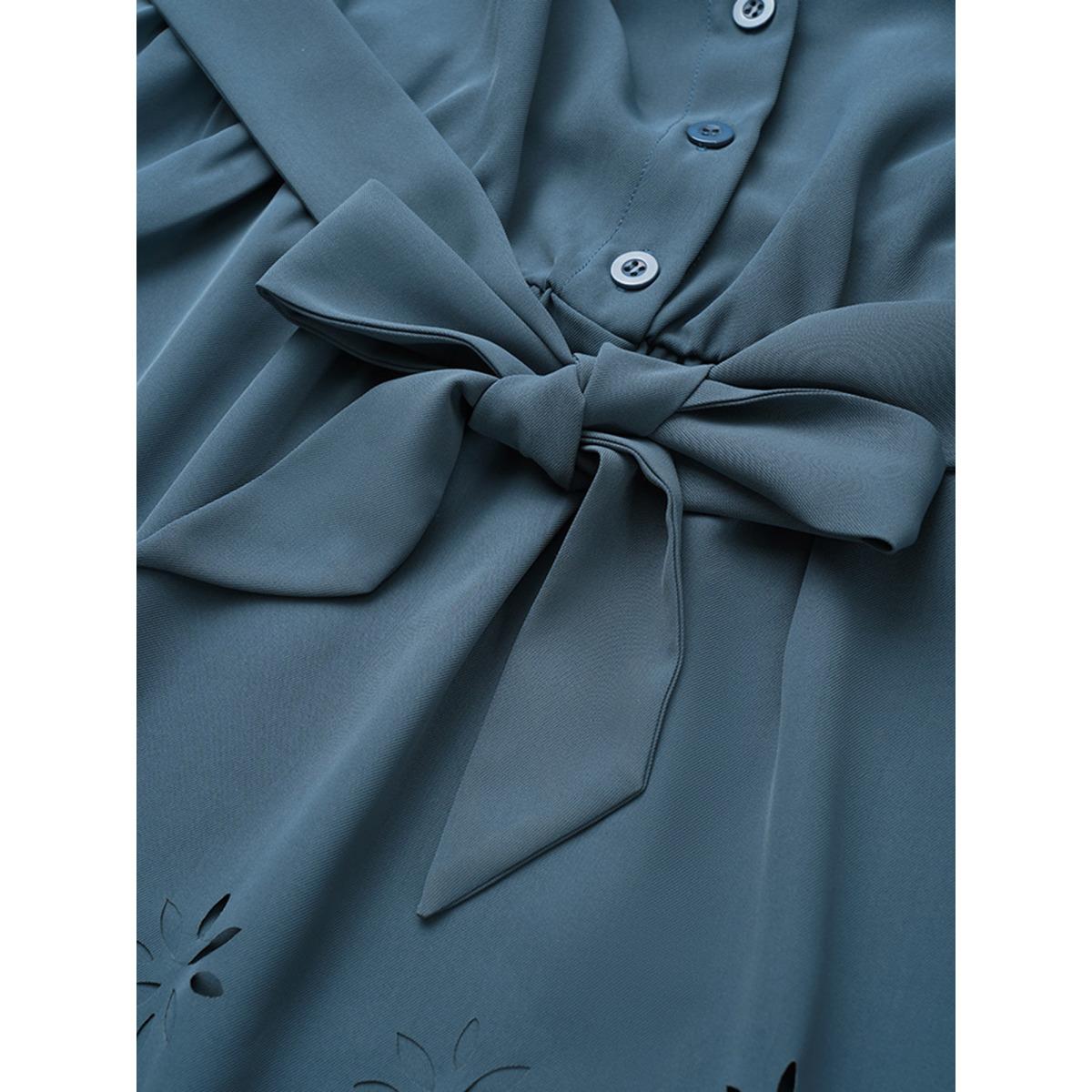 Plus Size Stone Static-Free Laser Cut Belted Scalloped Trim Blouse Women Office Long Sleeve Shirt collar Office Blouses BloomChic 10/M Product Image