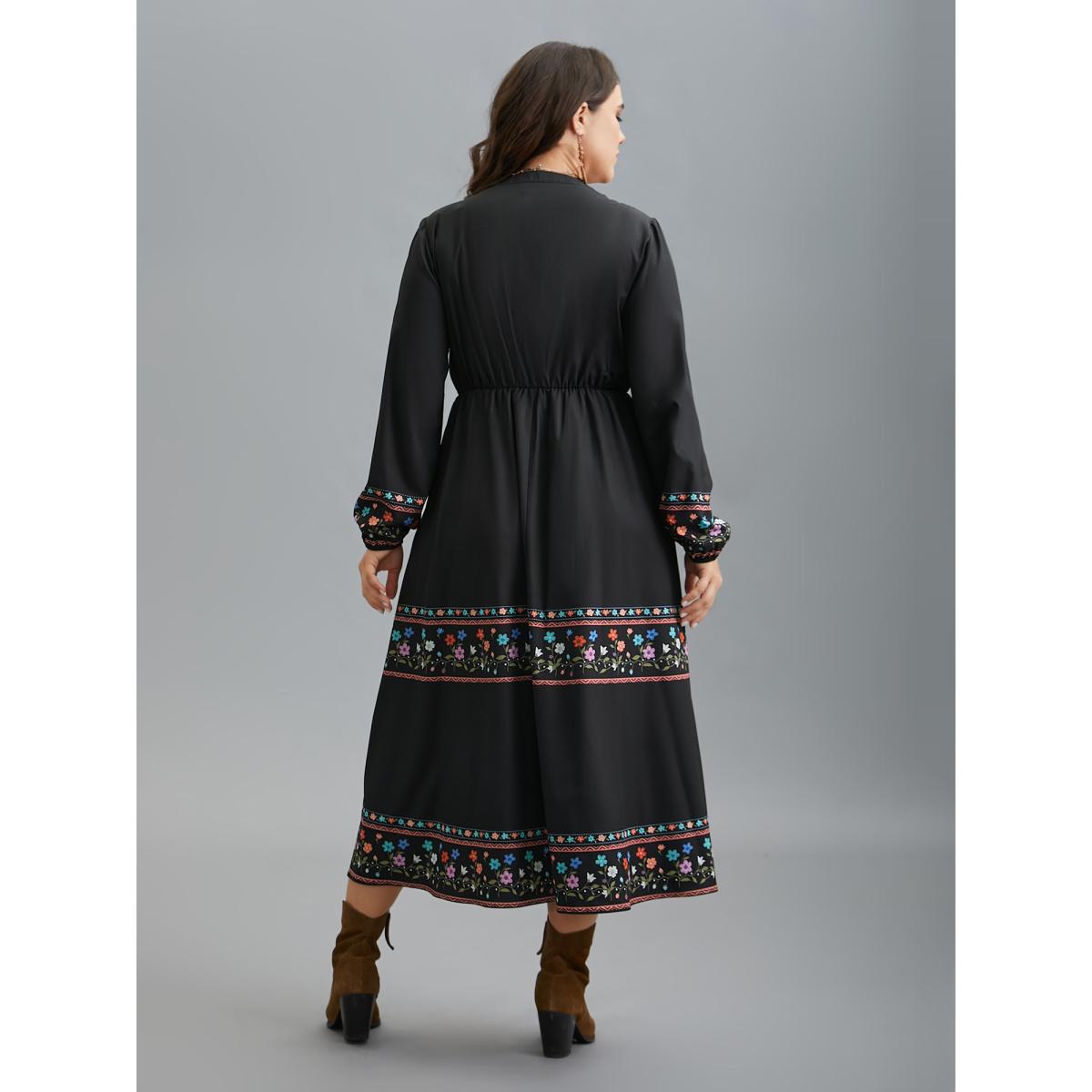 Plus Size Notched Collar Boho Print Midi Dress Black Women Resort Non Notched collar Long Sleeve Curvy BloomChic 14-16/1X Product Image