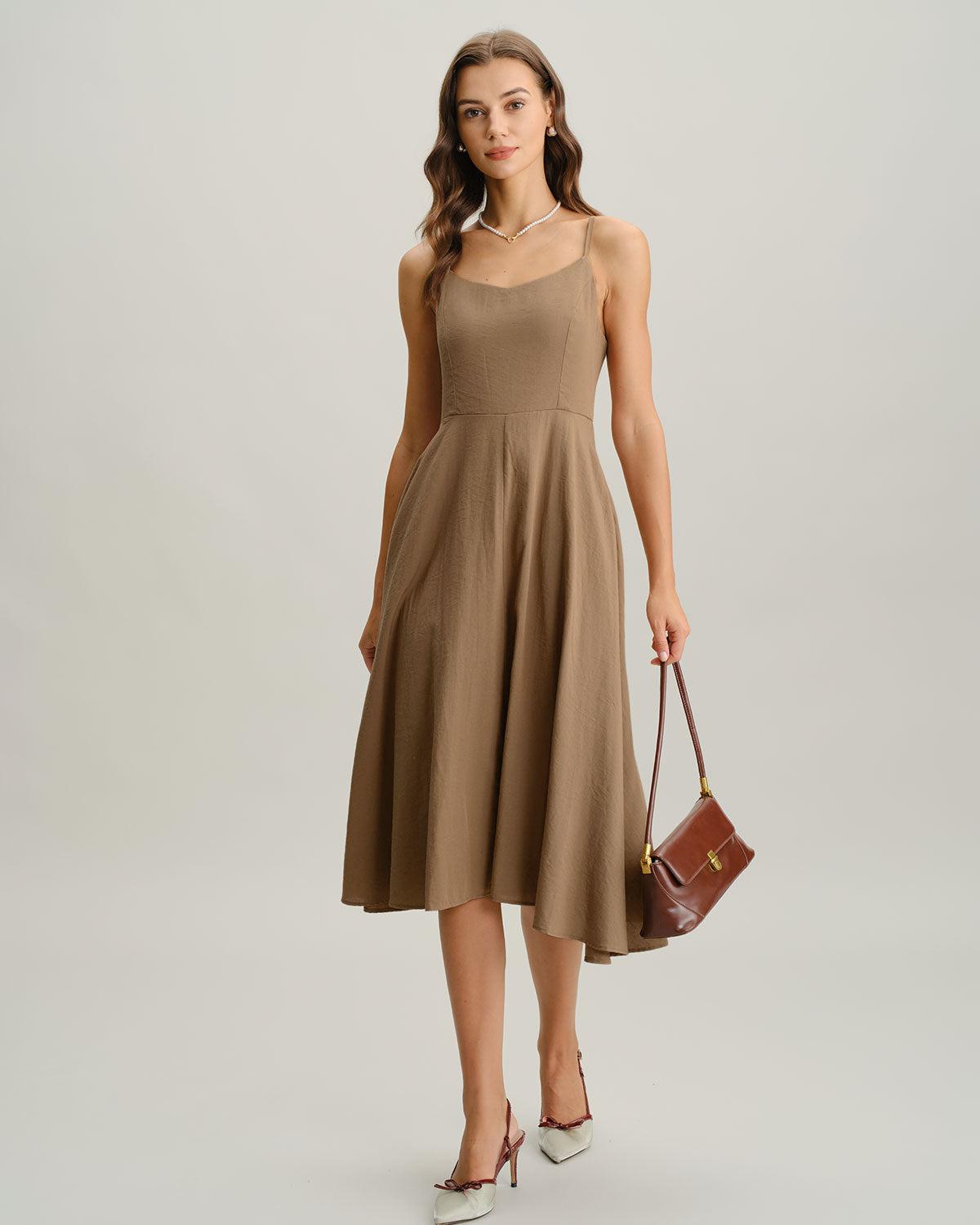Khaki A-Line Pleated Slip Midi Dress Product Image