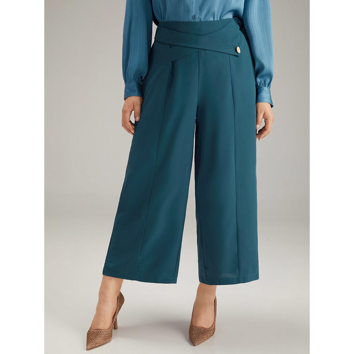 Plus Size Anti-Wrinkle Solid Metal Detail Drape Pants Women Aegean Office Straight Leg Mid Rise Office Pants BloomChic 26/4X Product Image