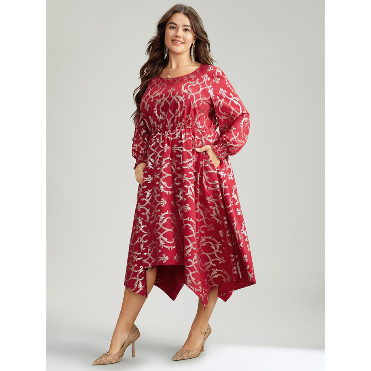 Plus Size Geometric Glitter Shirred Hanky Hem Dress Raspberry Women Party Printed Round Neck Long Sleeve Curvy Midi Dress BloomChic 10/M Product Image